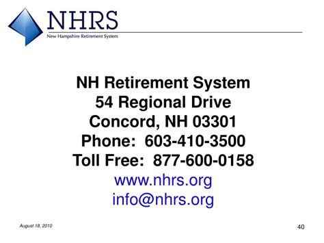 Nh retirement system - New Hampshire Retirement System (NHRS) 54 Regional Drive Concord, New Hampshire 03301 Phone: 603-410-3500 Email: info@nhrs.org Hours: M-F, 8 a.m.-4 p.m. Contact/Directions Careers Surveys Secure Message Center 